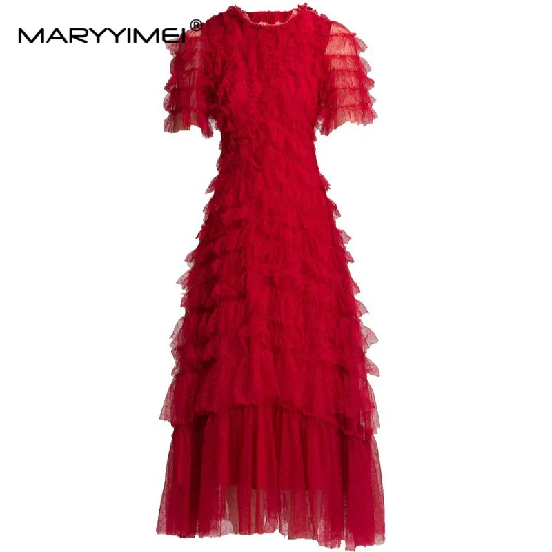 

MARYYIMEI Fashion Designer dress Summer Women Dress Short sleeve Cascading Ruffle Mesh Slim Red Club Party Dresses
