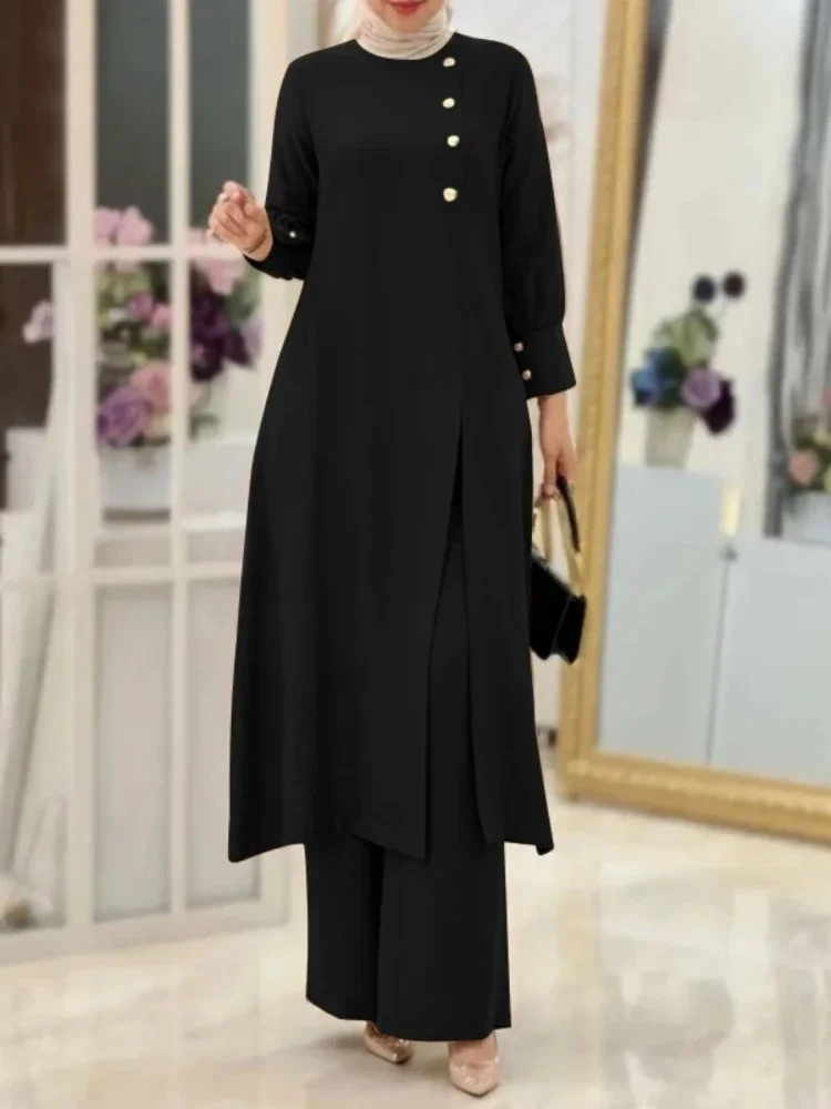 Women Autumn Matching Set Fashion Long Sleeve Shirt OL Wide Leg Pant Suit Muslim Button Shirt Pants Two Pieces Sets Femme Abaya