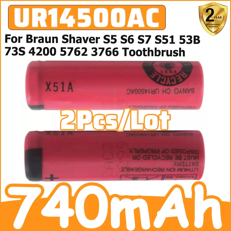 New 3.7V 740mAh 2pcs/lot UR14500AC Battery for Braun Shaver S5 S6 S7 S51 53B 73S 4200 5762 3766 Toothbrush