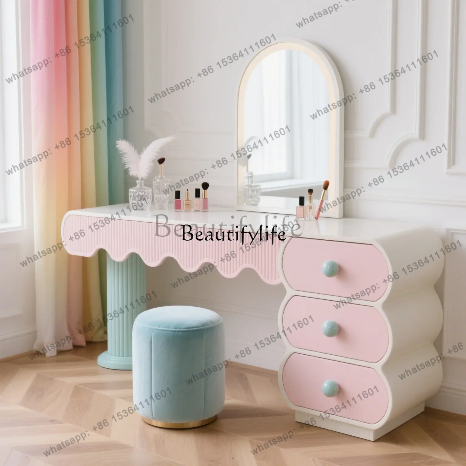 LXNew cream style pink solid wood chest integrated bedroom makeup table storage cabinetSSS