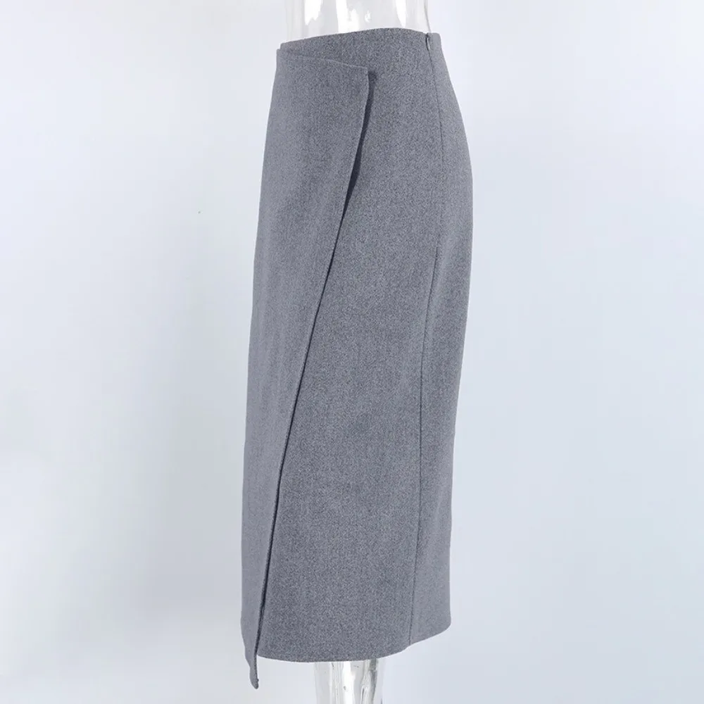 Elegant Grey Wrap Skirt High Waist Loose Fit Women Skirt Mid Length Casual Skirt Office Wear