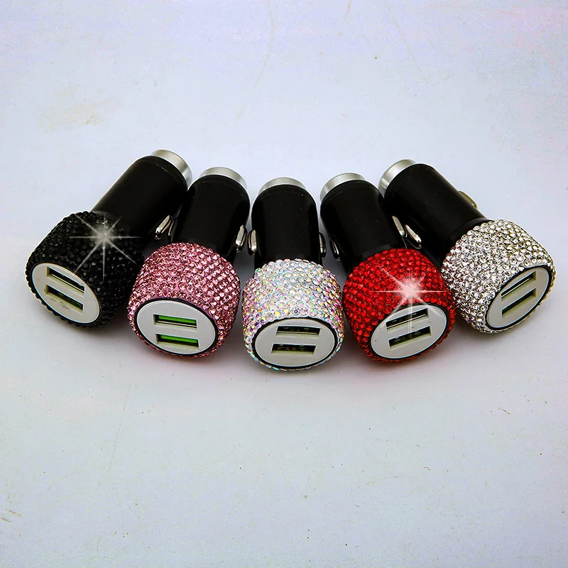 

New Bling USB Car Charger 5V 2.1A Dual Port Fast Adapter Pink Car Decor Car Styling Diamond Car Accessories Interior for Woman