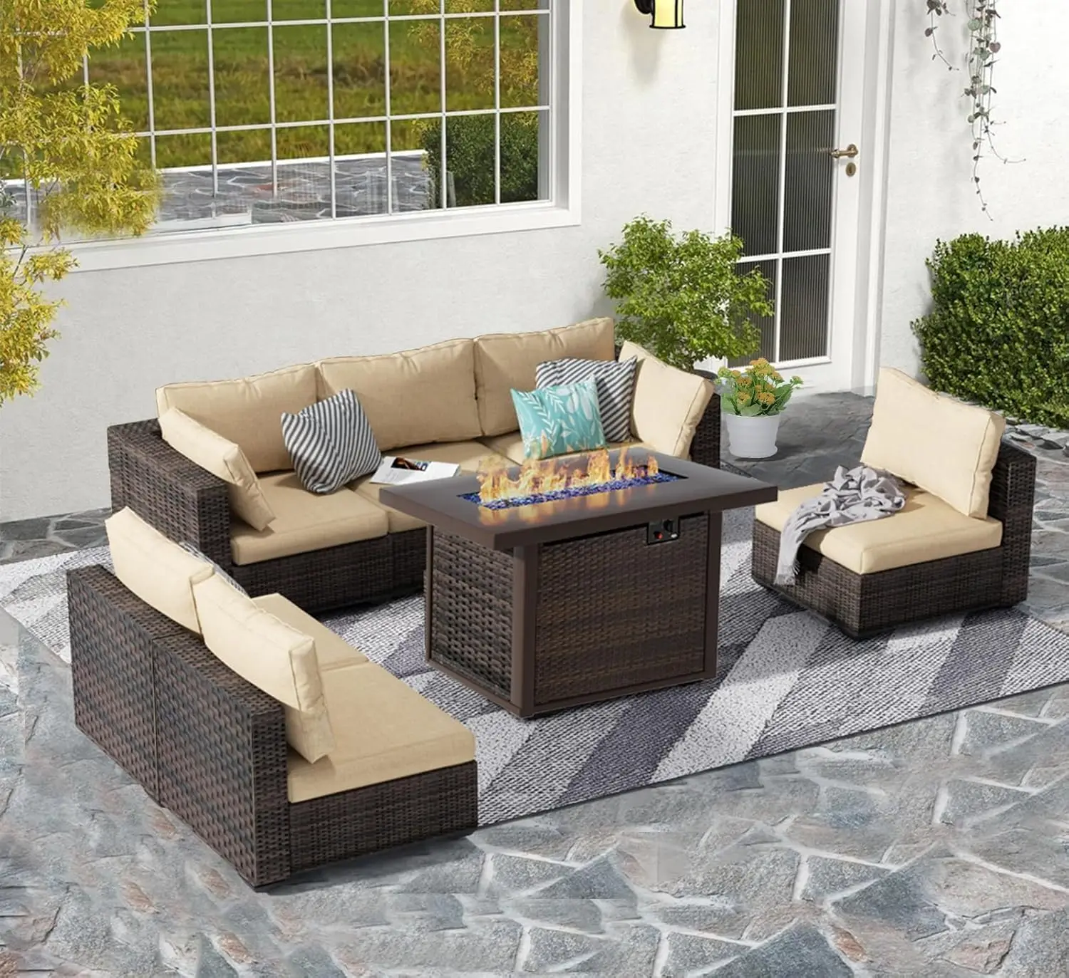 7 Piece Patio Furniture Set with Fire Pit Table, Rattan Outdoor Sectional Patio Conversation Sets with Seat Cushions