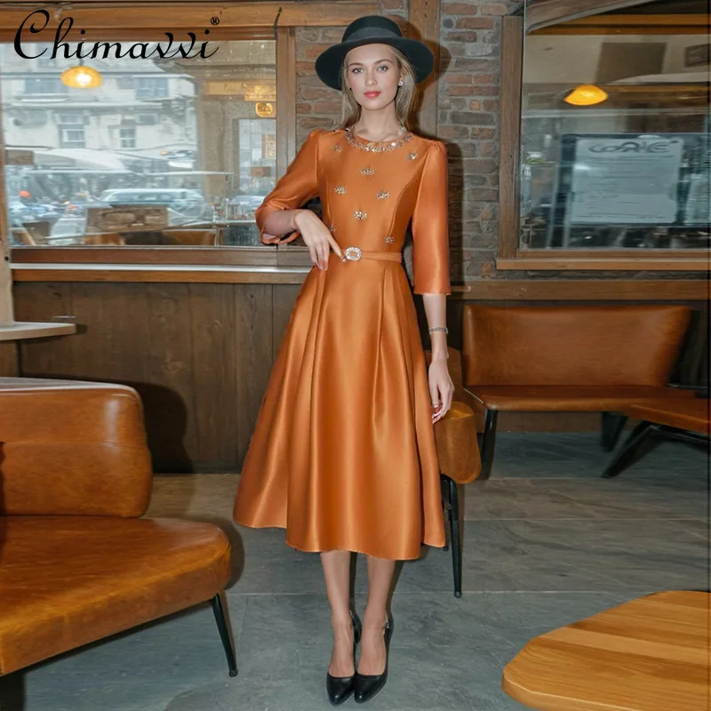 

French Elegant Vintage Dress Round Neck Diamond Long Sleeve High Waist Belt Slim A-line Temperament Simple Long Dress for Women