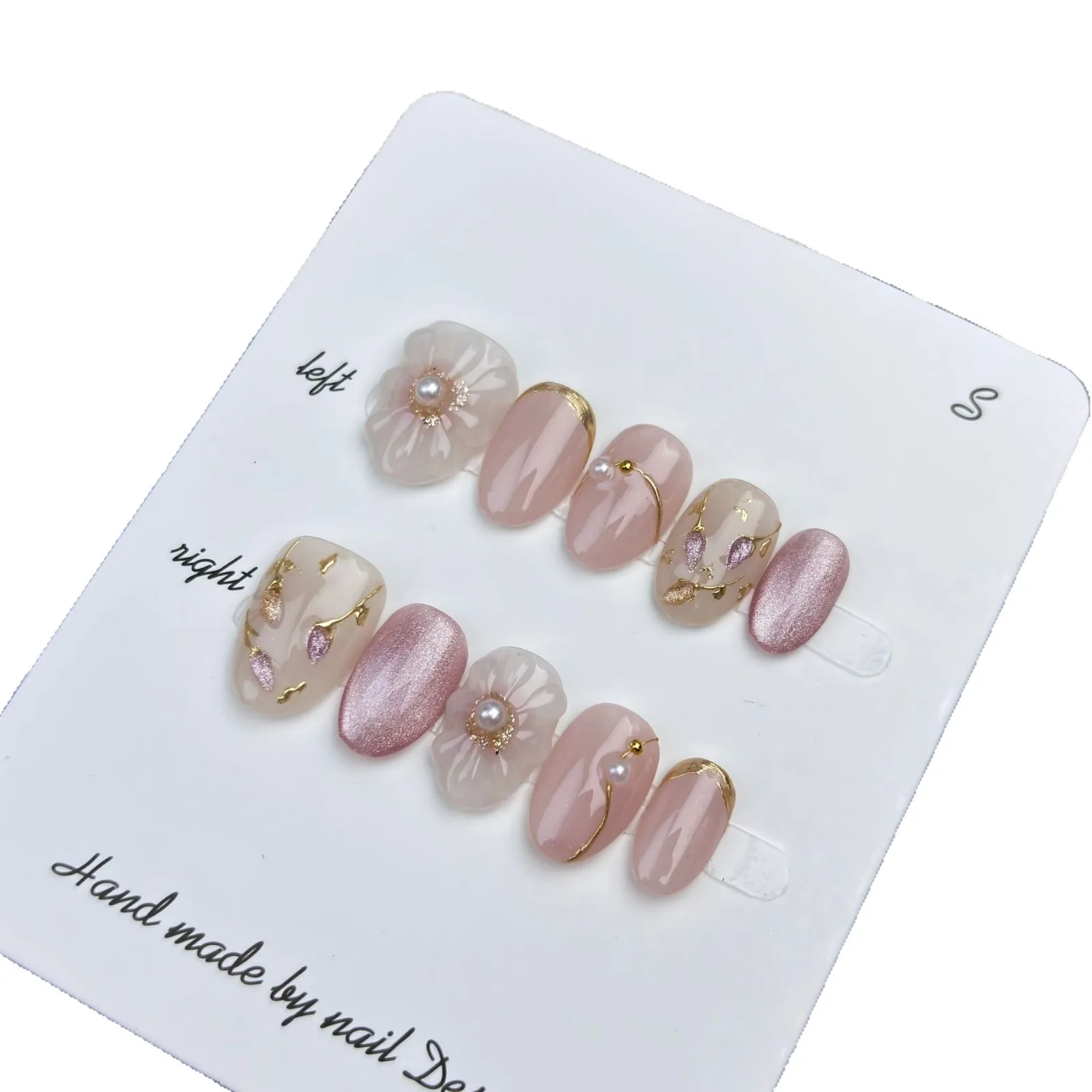 Unghie finte rosa con colla Unghie finte semplici corte a mandorla Press Ons Indossabili Lucido Copertura completa Punte per unghie acriliche con bordo dorato