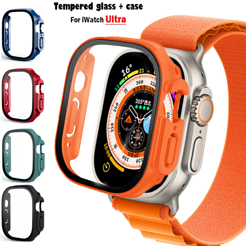 Vidrio + funda para Apple Watch Ultra 49mm PC parachoques + Protector de pantalla cubierta de caja de lujo templada para apple watch ultra 2 Accesorios