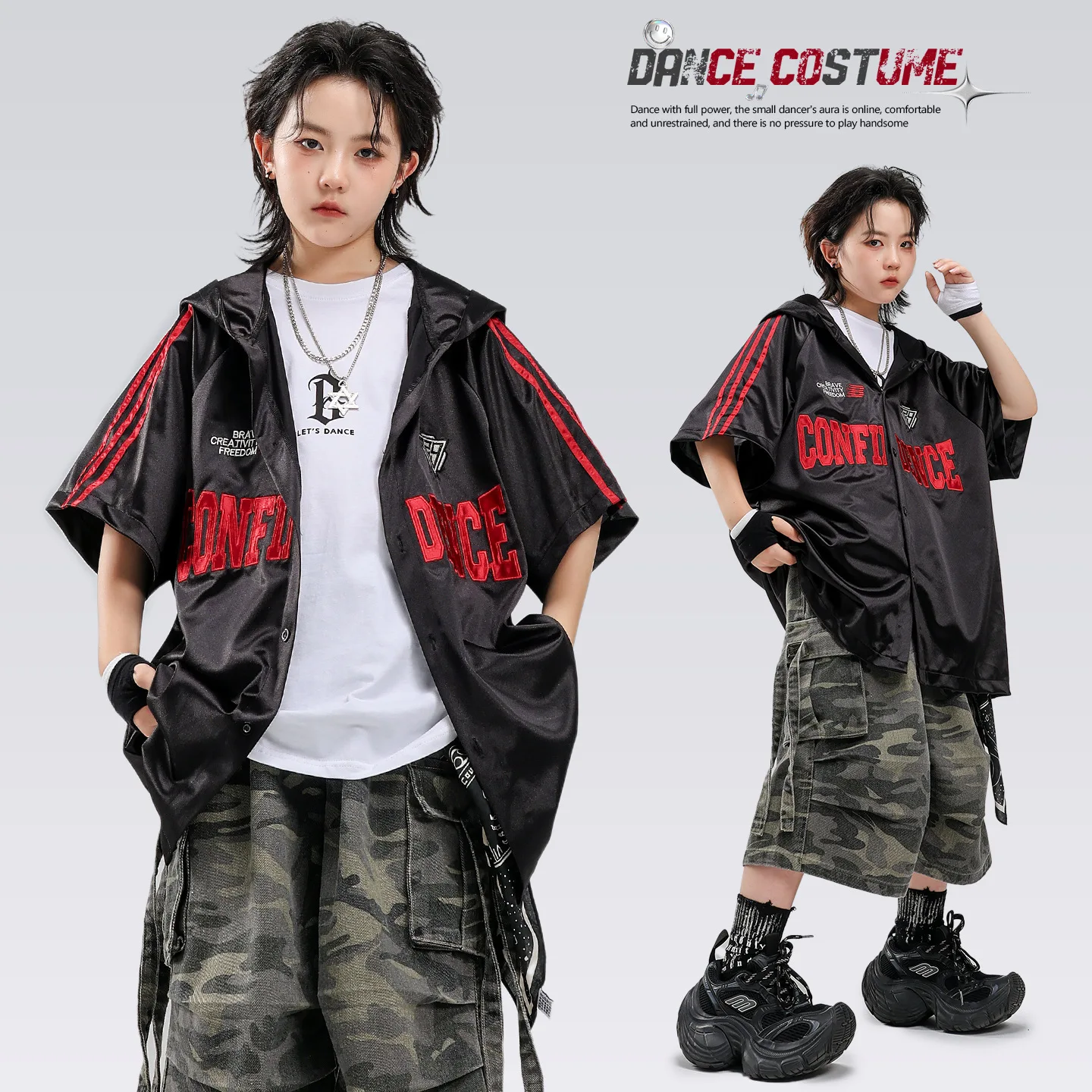 Boys Hip Hop Shiny Black Hooded Top Camo Ribbon Capri Pants Girls Street Dance Jazz Costume Child Teens Streetwear Clothes Set