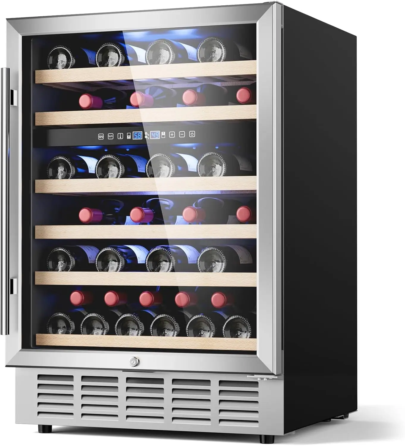 Inch Dual Zone Wine Cooler, 51 Bottle Wine Refrigerator with Removeable Shelves & Blue Interior Light, Stainless Steel Wine F