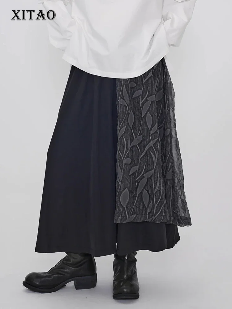 

XITAO Patchwork Jacquard Mesh Pant Casual Ankle-length Wide Leg Elastic Waist Vintage Solid Color Spring Female Pants GMM1211