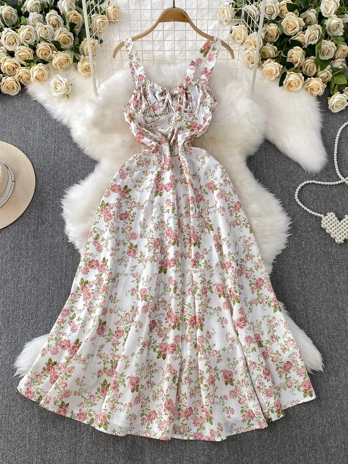 Coreano Sle Sweet een Stampa floreale V-Ne Strapl Dr Gonna lunga snellente estiva da donna a vita alta A-Line Midi Dr