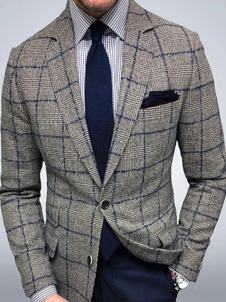 Men's Vintage Plaid Blazer Jacket Brown Check Pattern Slim Fit Smart Casual Coat