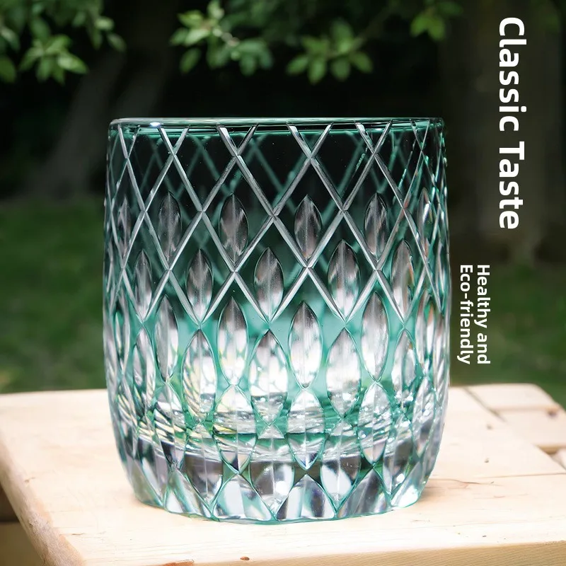 Japanese Style Hand Carved Crystal Glass Whiskey Cup Green Beer Water Cup Gift Box Set  Shape Glassware Lion Pride