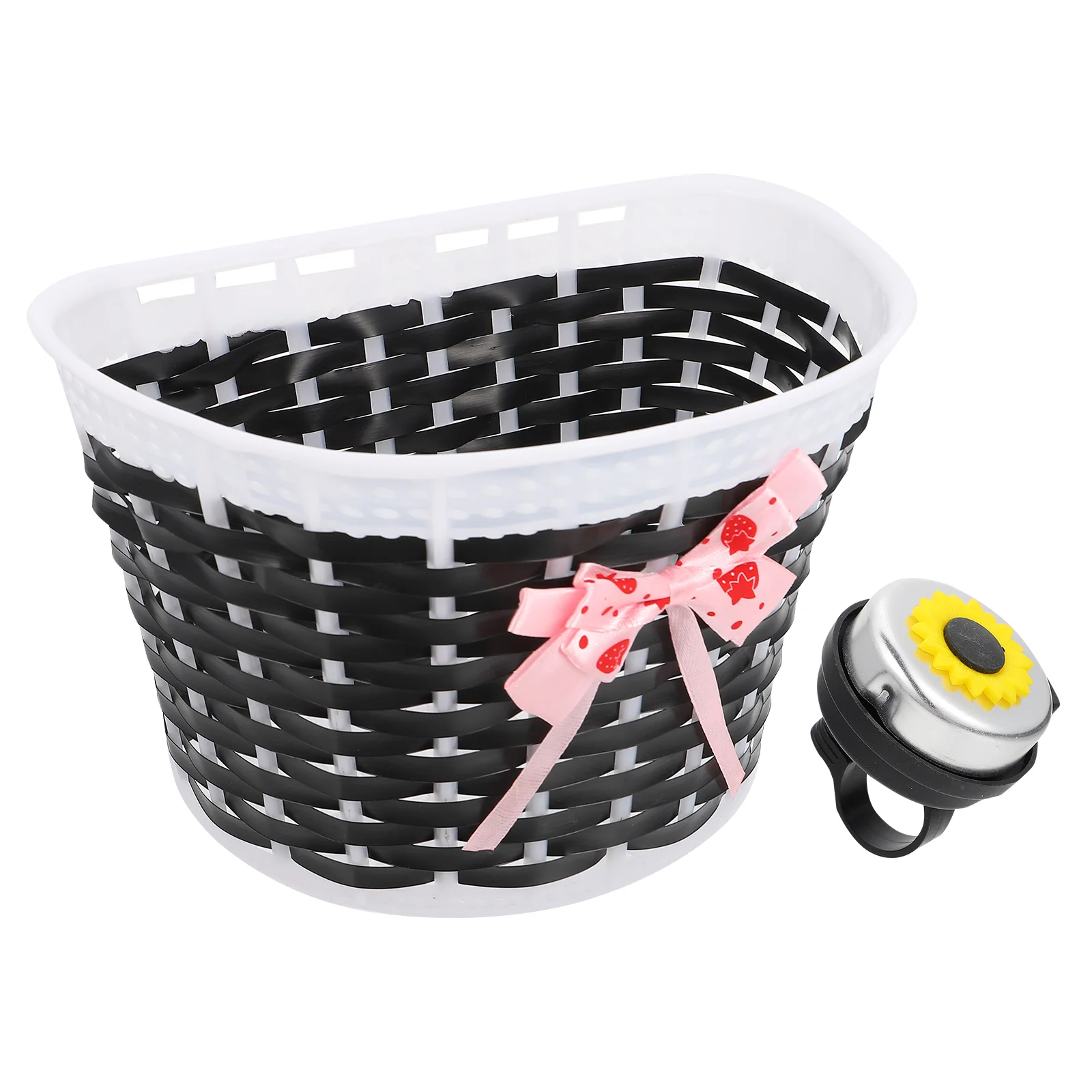 Scooter Basket Children Bike Basket Plastic Knitted Bow Knot Front Handmade Bag(Small,Black Basket, Color Randomization Car Bell