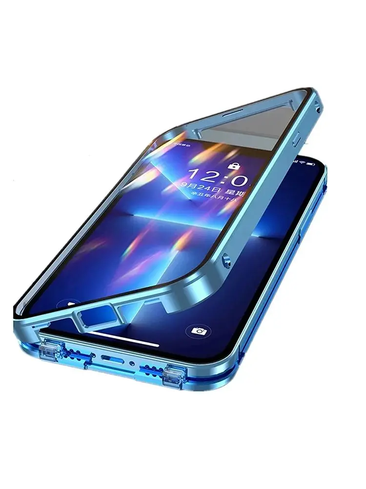 360 °   Metalen Magnetische Dubbelzijdige Glazen Cover Met Lens Bescherming Voor iPhone 16 14 15 Pro Max Voor iPhone 13 12 11 Double Lock Cas - afbeelding 2