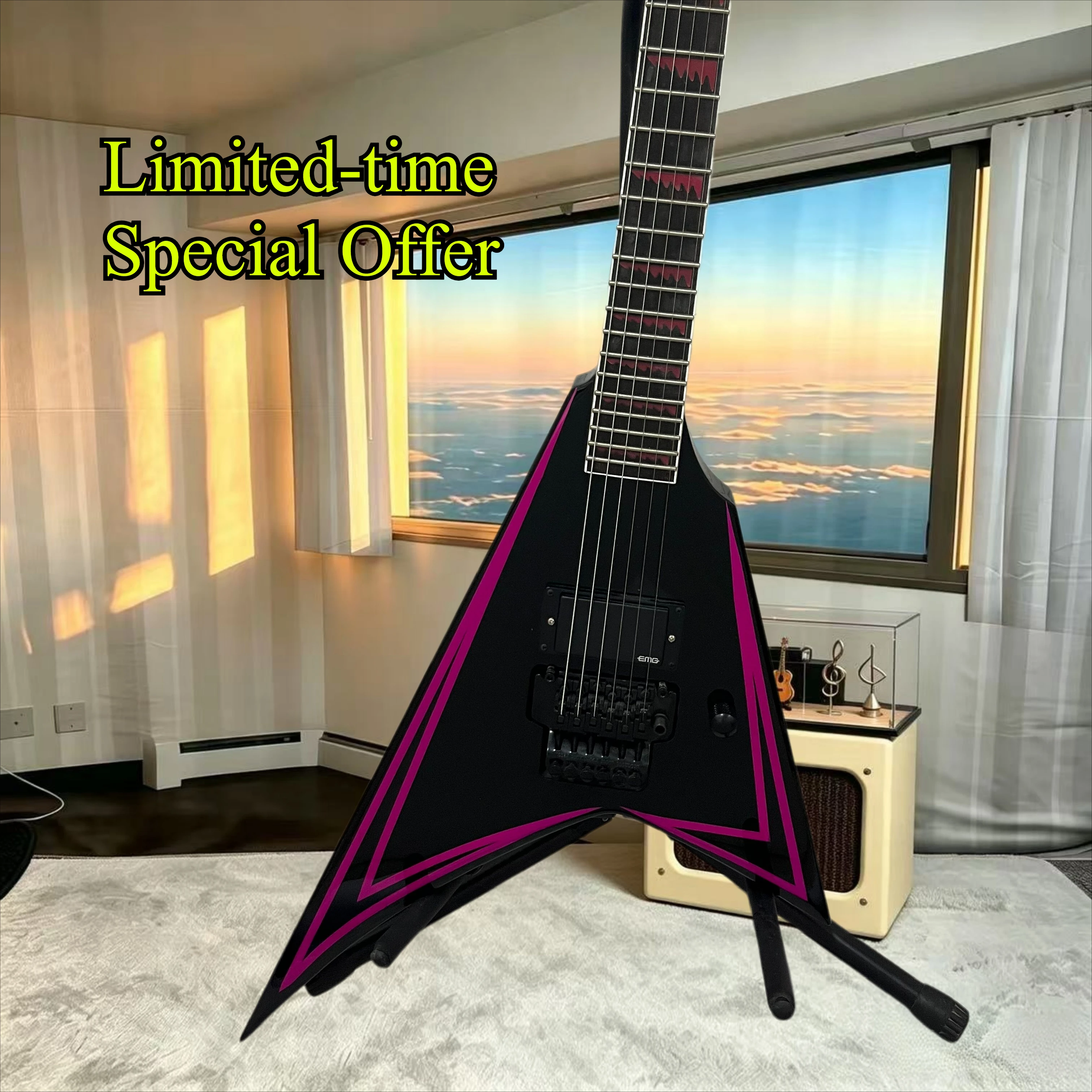 V‑Shape Black‑Purple Stripe Double Tremolo Electric Guitar Active Sealed Humbucker Pickup Heavy‑Metal Metalcore Performance