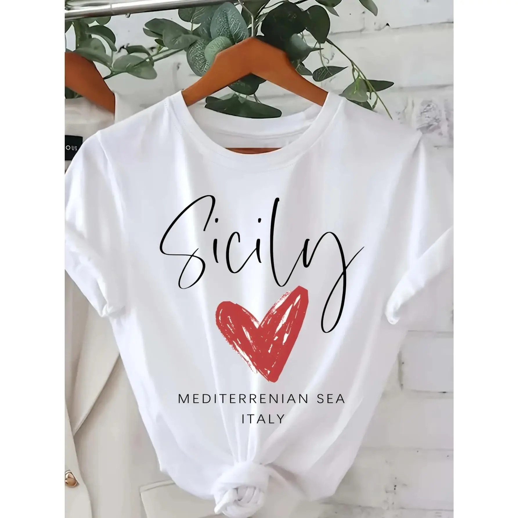 

Women's Casual Short Sleeve Cotton T-Shirt - Loose Fit Round Neck with "Sicily" Letter & Heart Graphic Print, Breathable Summer