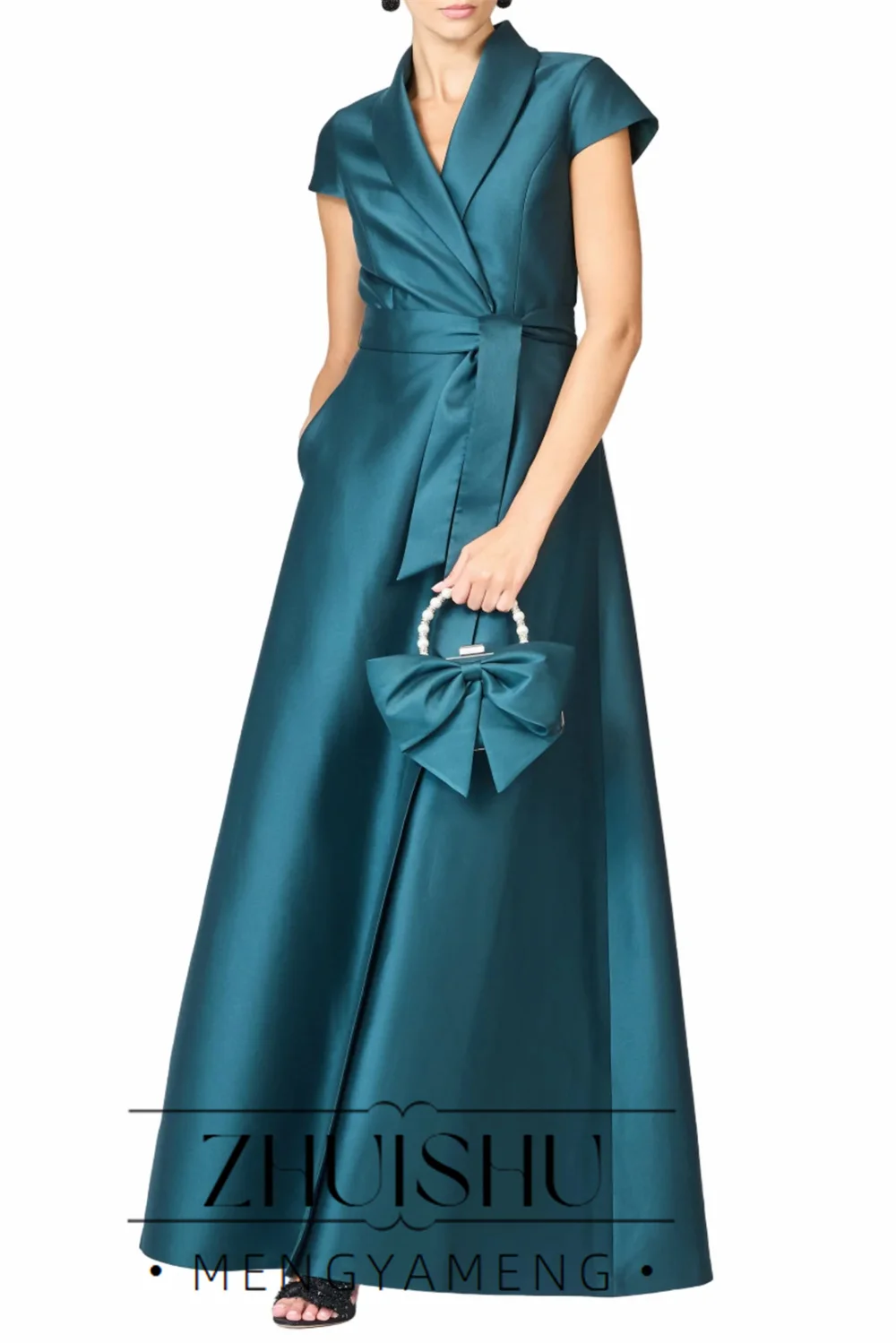 Customized Modern Mother of the Bride Dress Satin Criss Cross A Line Wedding Guest Gown Long Cap Sleeves Pockets Evening Dresses