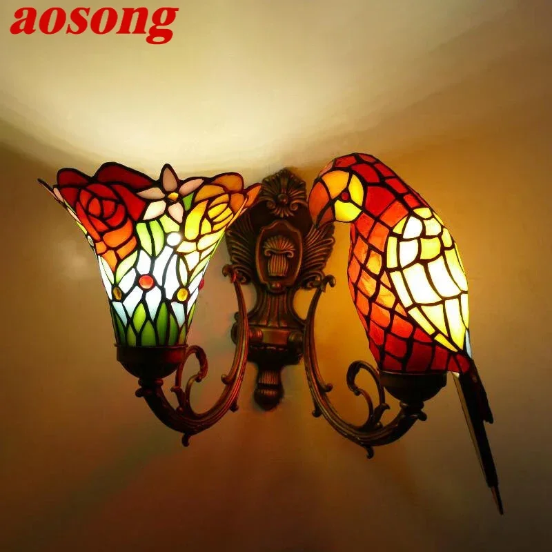 AOSONG Tiffany parrot Wall Lamps American countryside Children's room Homestay Villa Hotel Stained Glass Animal Decoration Lamp