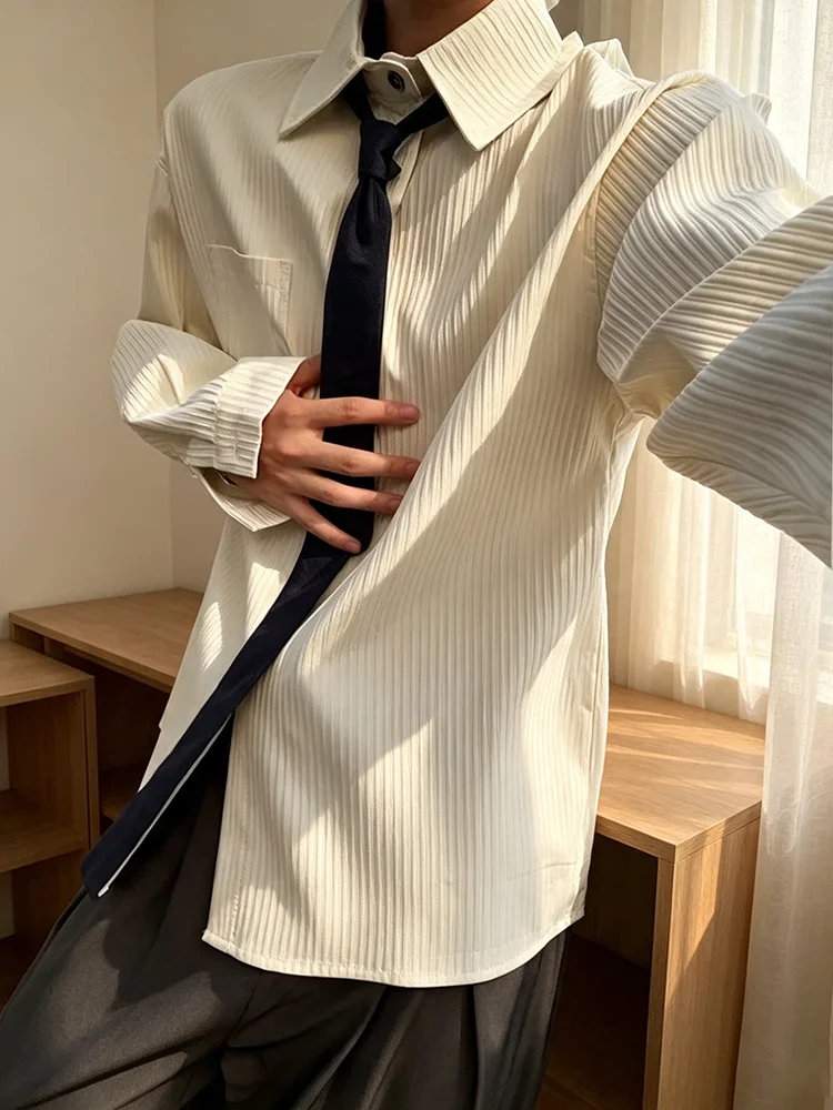 Cleanfit Textured Long Sleeve Shirt DK Tie Collar Unisex College Style Autumn Design Premium Quality Men's Women's Outerwear