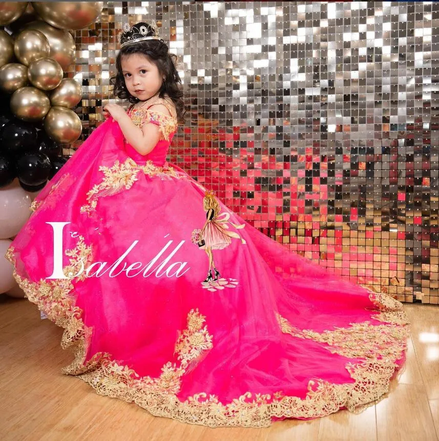 Fuchsia Gold Mini Quinceanera Dress for Girls off shoulder Applique Lace-up Little Pricess toddler Flower Girl Dresses