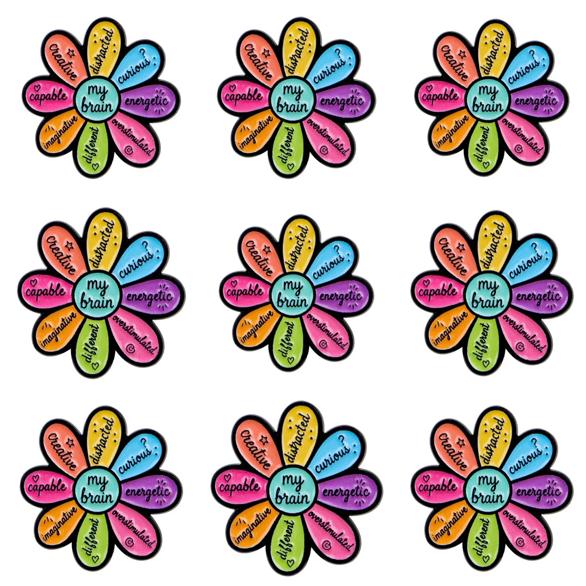 9pcs ADHD Autism Awareness Enamel Pin Colorful Daisy My Brain Different Brooch For Coat Lapel Pins Metal Badges Jewelry Gift