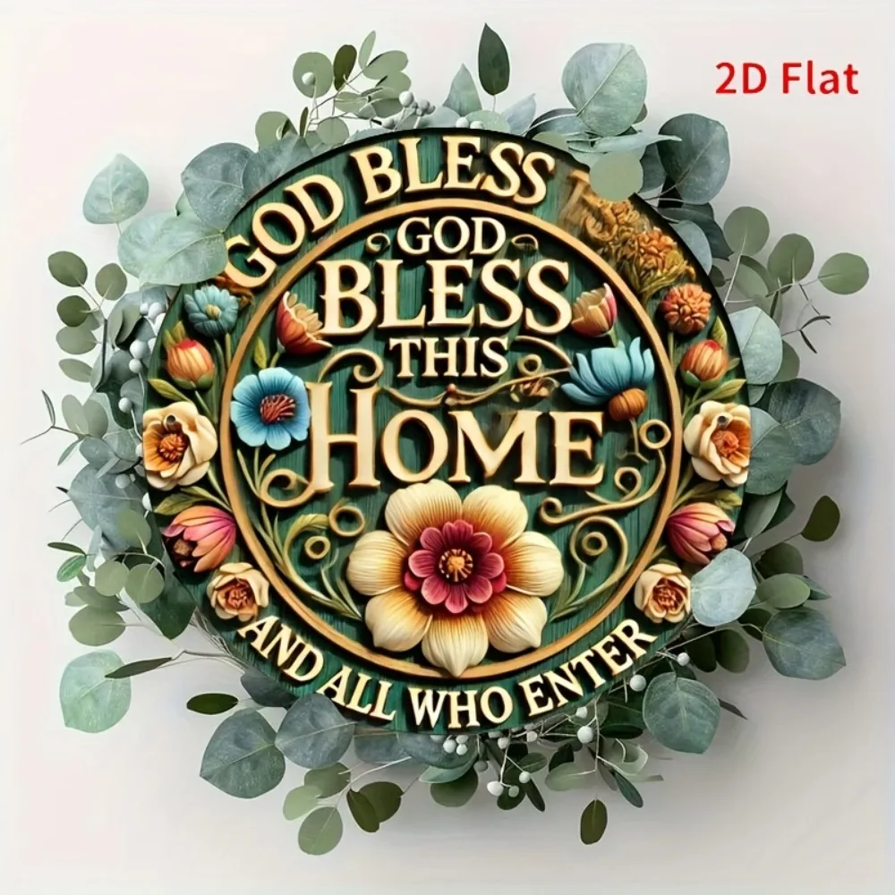 „God Bless This Home“ Eisenschild – Rundes Metallschild, Innen-/Außengebrauch, Kranzzentrum, Bauernhaus-Tür-Wandkunst