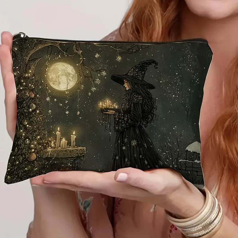 Chic Halloween Makeup Bag with Zipper -Witch-Themed Design with Full Moon, Bats & Spiders