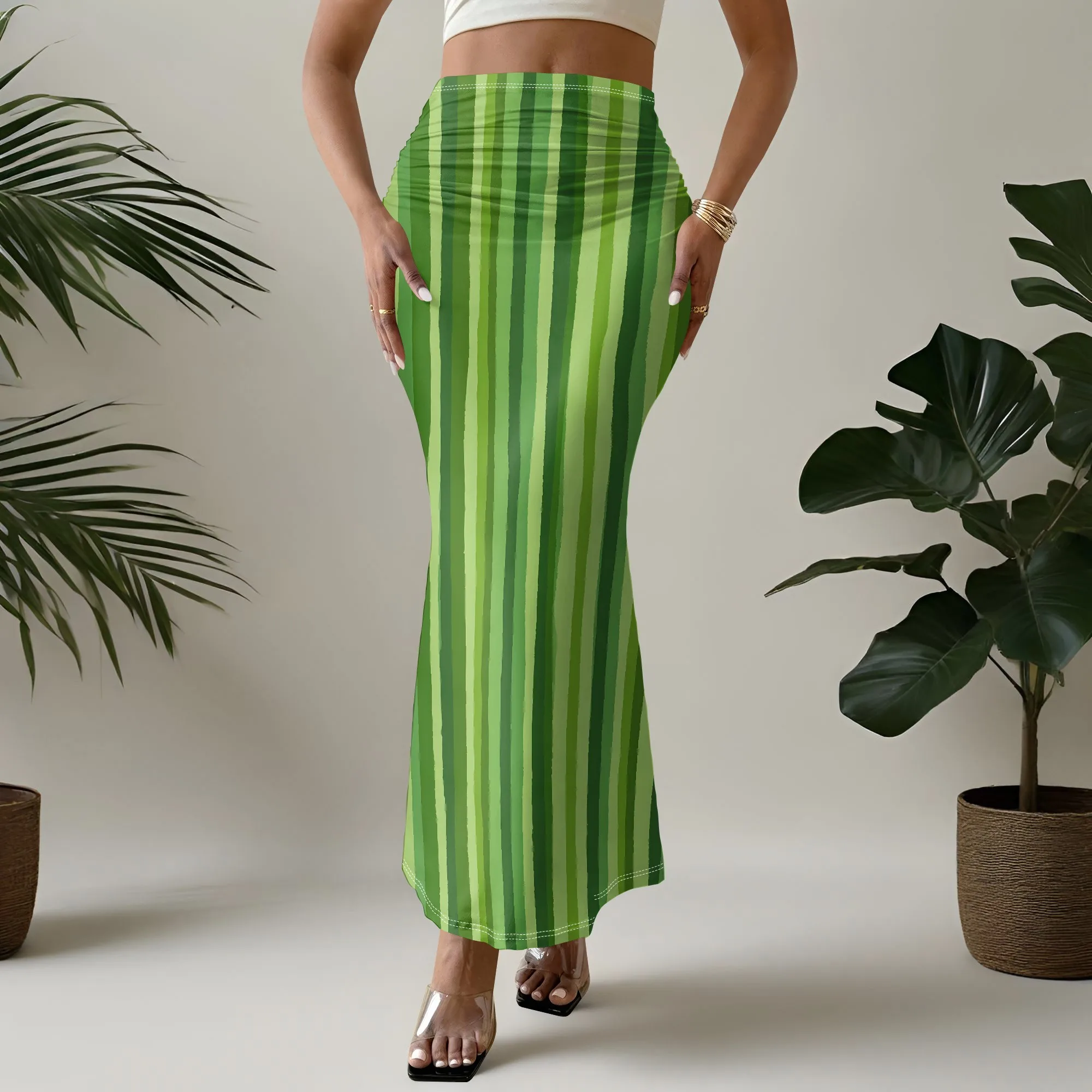 Striped Print, Mermaid Skirt, Green Gradient, High Waist, Slim Fit, Party Wear, Beach Outfit, S-3XL