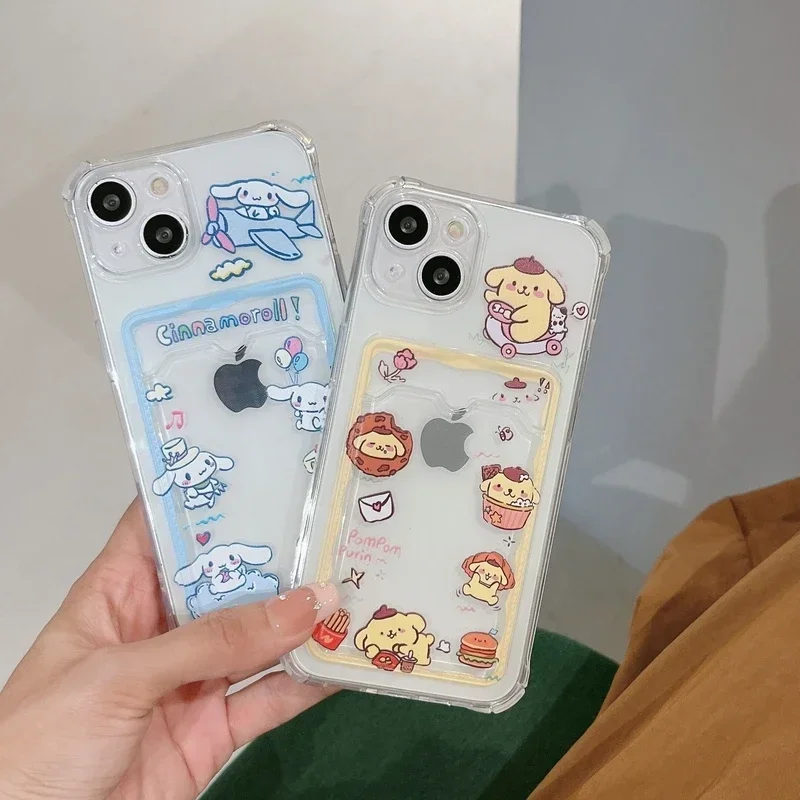 Sanrio Pompompurin Cinnamoroll Card Pocket Phone Case For iPhone 16 15 14 13 12 11 Pro Max Soft Wallet Clear Cover Card Holder