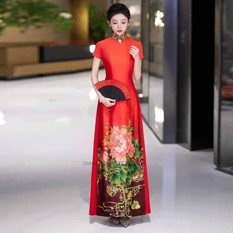 

2026 Вьетнамское традиционное платье Аодай, улучшенное китайское ципао, с принтом национальных цветов, платье-ципао А-силуэта, вечернее банкетное платье