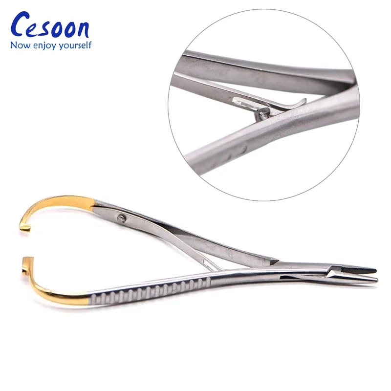 14cm Dental Needle Holder Tweezers Gold Plated Handle Stainless Steel Orthodontic Plier Straight Head Dental Surgical Instrument