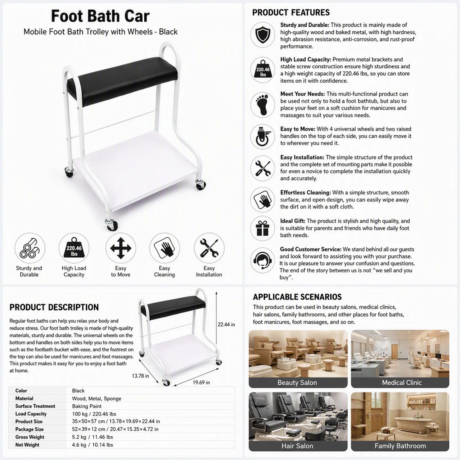 Portable Foot Bath Spa Trolley Cart with Wheels & Foot Rest, 2-Tier Beauty Salon Manicure Cart, 220.46lbs Load, Metal Wood Rolling Stand for Home Spa Use