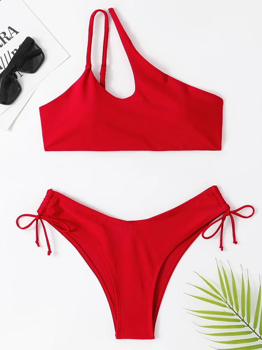 One Shoulder Bikinis 2024 Women Cut Out String Swimsuit Solid Sexy Swimwear Female Bathers Bathing Swimming Swim Suit Beachwear