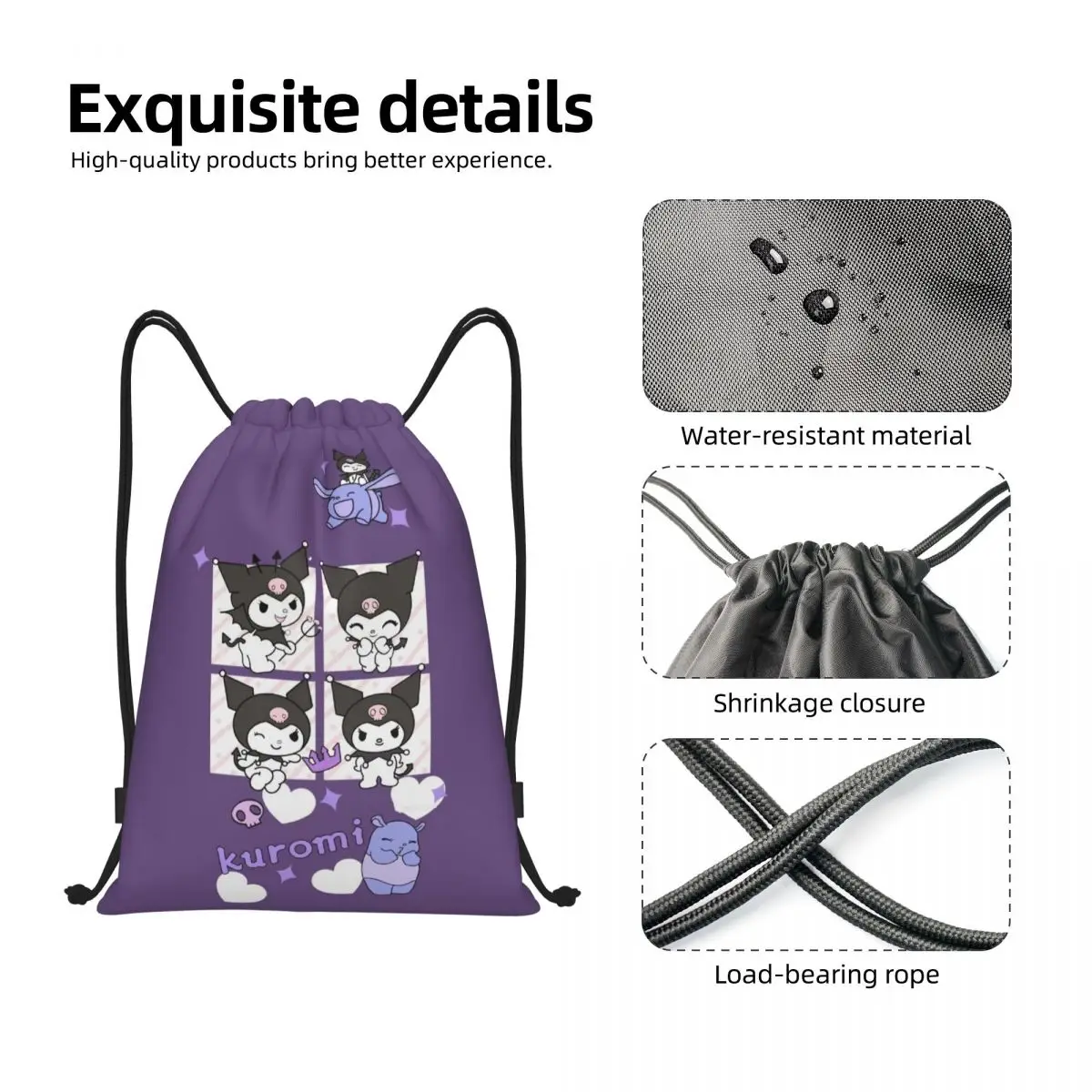 Mochila personalizada Kuromi Cartoon Anime Manga com cordão Bolsa de ginástica esportiva para homens e mulheres Mochila de treinamento