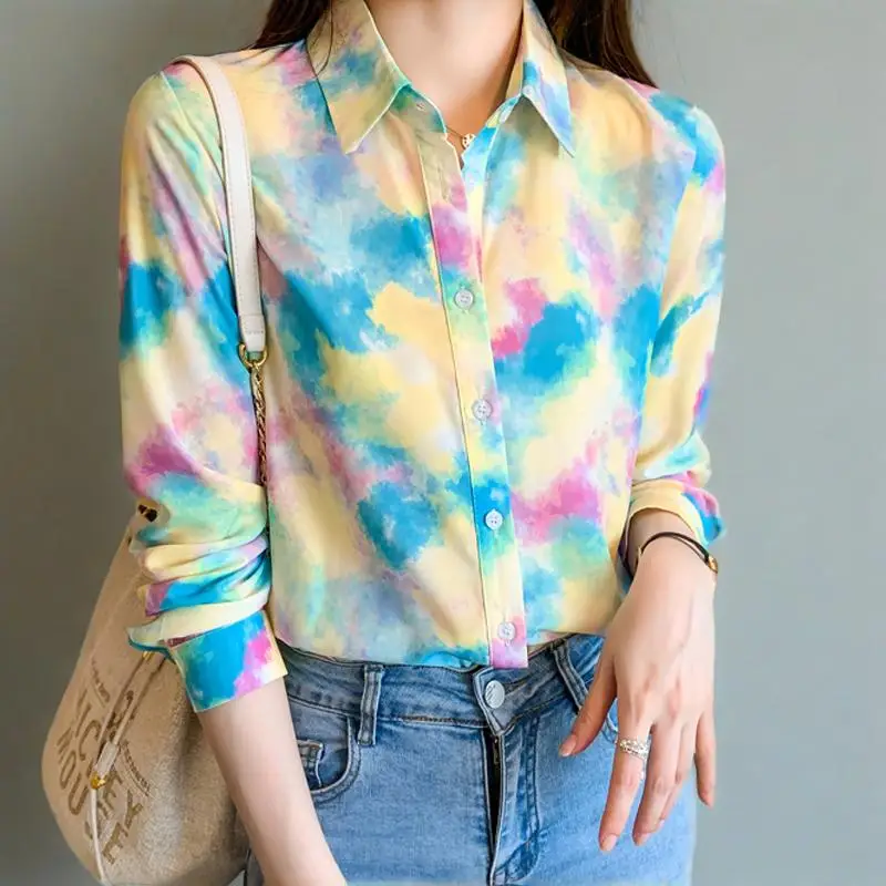 

Женские рубашки с принтом в корейском стиле, повседневная шифоновая блузка, топы с длинным рукавом, модная женская уличная одежда