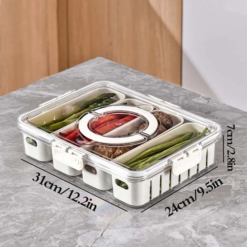 Refrigerator Storage Box 4 Grids Food Storage Box with Lid & Handle Kitchen Drain Basket Fresh Vegetable Fruit Fresh-keeping Box