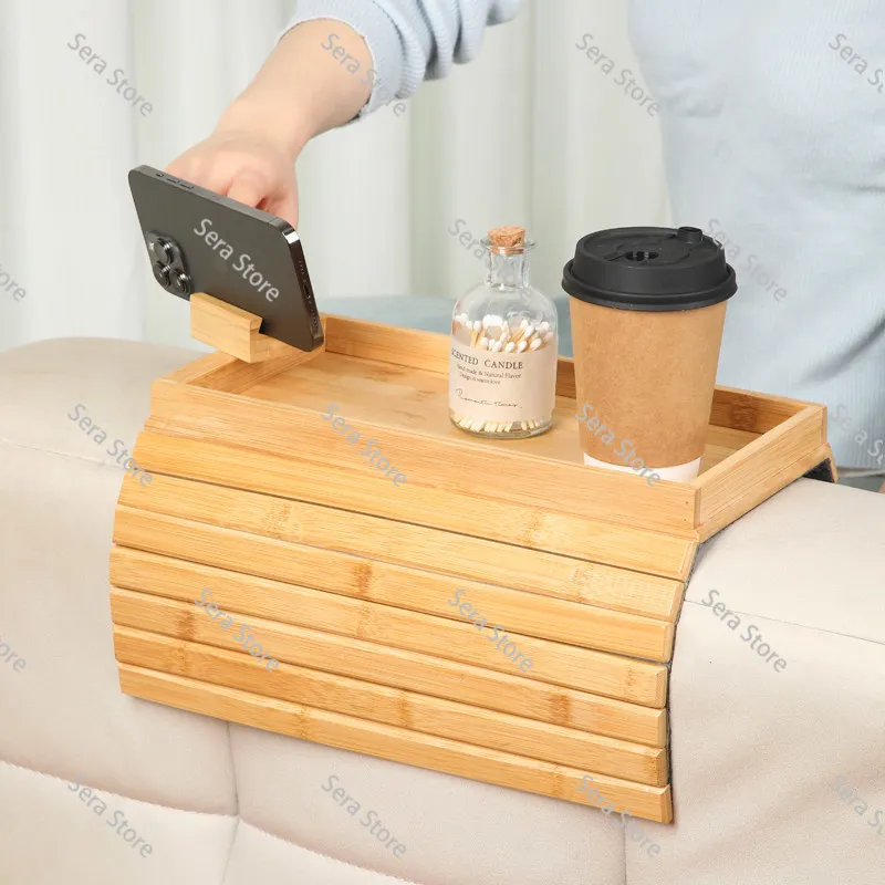 Bamboo Sofa Armrest Tray Foldable Fruit & Snack Tray Solid Wood Living Room Sofa Side Storage Tray