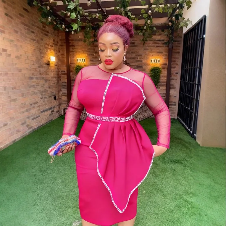 

African Dresses for Woman Rose Red Mesh Patchwork Office Lady Dress Slim Fit Ruffled Elegant Bodycon Dress Elegantes Casual Y2k