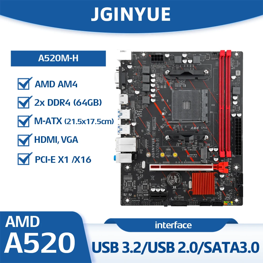 

JGINYUE A520M-H AM4 Motherboard Supports AMD Ryze 4000 series and 5000 series, Two DDR4 Slots 64G