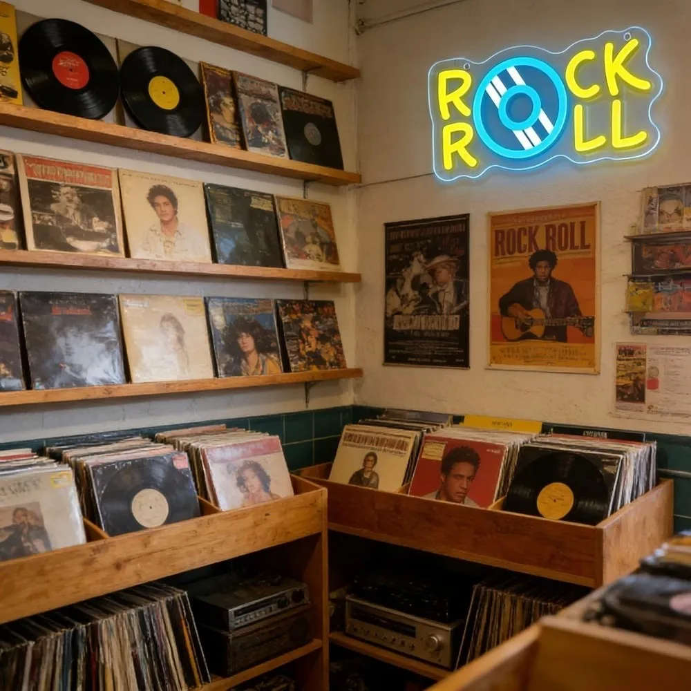 Rock And Roll Vinyl Record LED Neon Light Sign USB Wall Decor Lamp for Music Studio Bar Bedroom Decoration