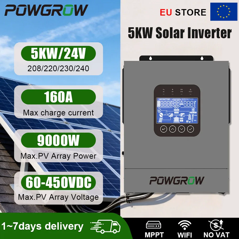 POWGROW 5KW Off Grid Hybride Omvormer 24V 5000VA MPPT Bereik 60-450V 9000W PV Max 160A Oplading 10KW Piekspanning 93,5% Werkzaamheid Zonder Batterij Thuisgebruik