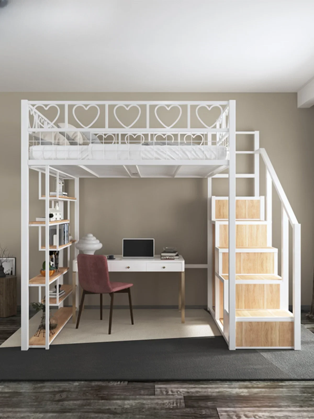 

Wrought Iron Bed Under Empty Elevated Small Apartment Children's Iron Frame High and Low Korean Simple Wardrobe