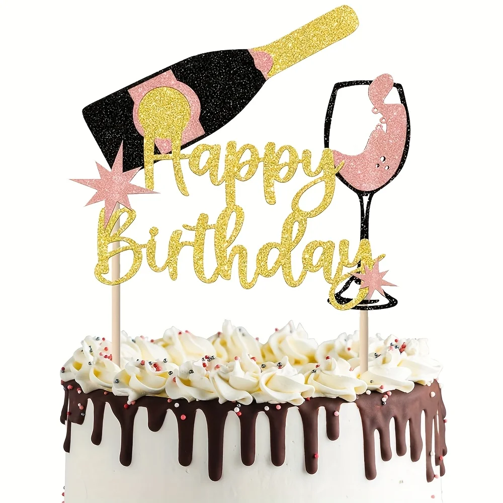 Adorno dorado para tarta "Feliz cumpleaños", con botella de champán, diseño de copa de vino, celebración de cumpleaños, decoración para tarta de cumpleaños, 1 ud.