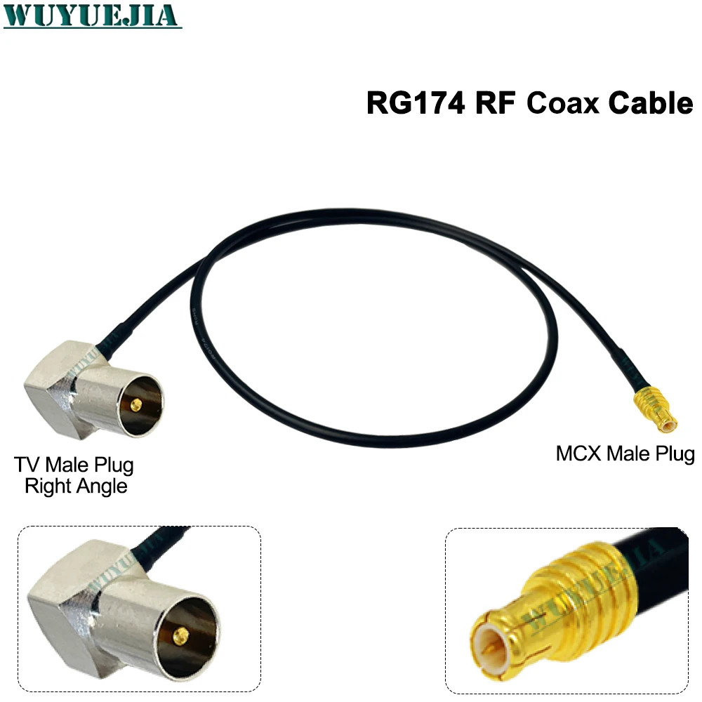RG-174 كابل التلفزيون ذكر/أنثى الزاوية اليمنى إلى MCX ذكر موصل قابس 50 أوم محوري تمديد الحبل ضفيرة لاستقبال التلفزيون المحمول
