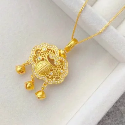 Women's 24K Gold (AU999) Fu Plate Peace Lock Necklace | Openwork lock tassel, micro-diamond edge with rotatable clasp