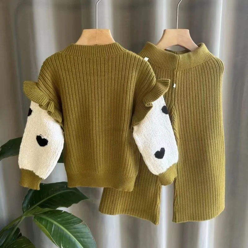 Children\'s Clothing Girl\'s Sweater Set Girl\'s Baby Top Wide Leg Pants Autumn And Winter Knitted Sweater Stylish Two-piece Set