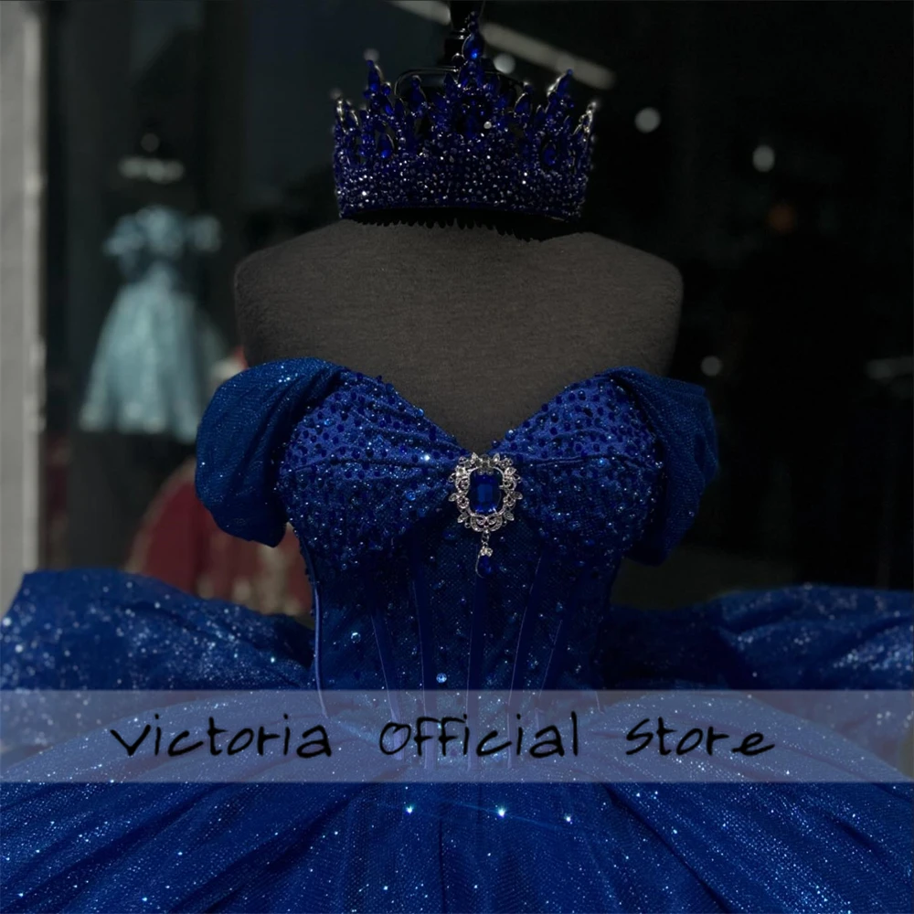 King Blue Beaded Crystal 15 Quinceanera Dresses 2024 Sparkly Ball Gown Off The Shoulder Ruffles Lace-up Graduation Customized