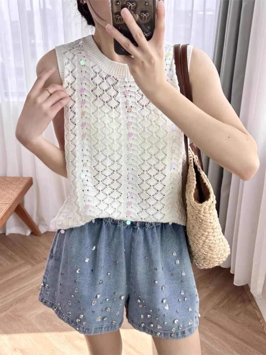 White Women's Sleeveless  Loose Tank Tops Casual See-Through Top Vest Corect Sequin Scoop Neck Tank Top Glitter Outfits B-049