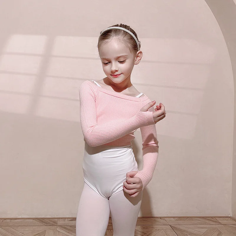 Girls Long Sleeve Dance Sweater Soft Ballet Warm Up Pullover for Leotards Korea Children Crop Sport Thumb Hole Shirt Gymnastic