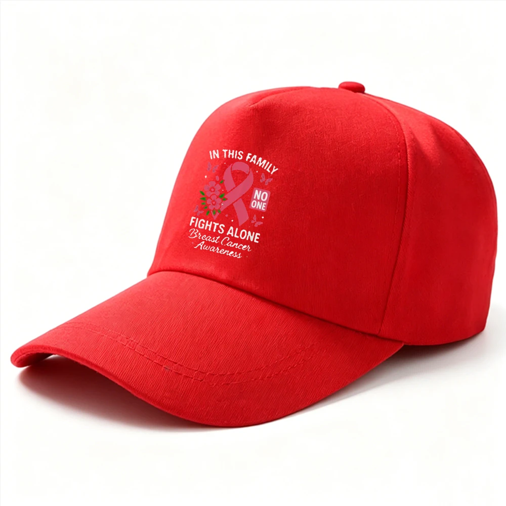 In This Family No One Fights Pink Ribbon Breast Cancer Awareness Baseball Cap for Survivors Supporters Dad Hat Spring and Summer